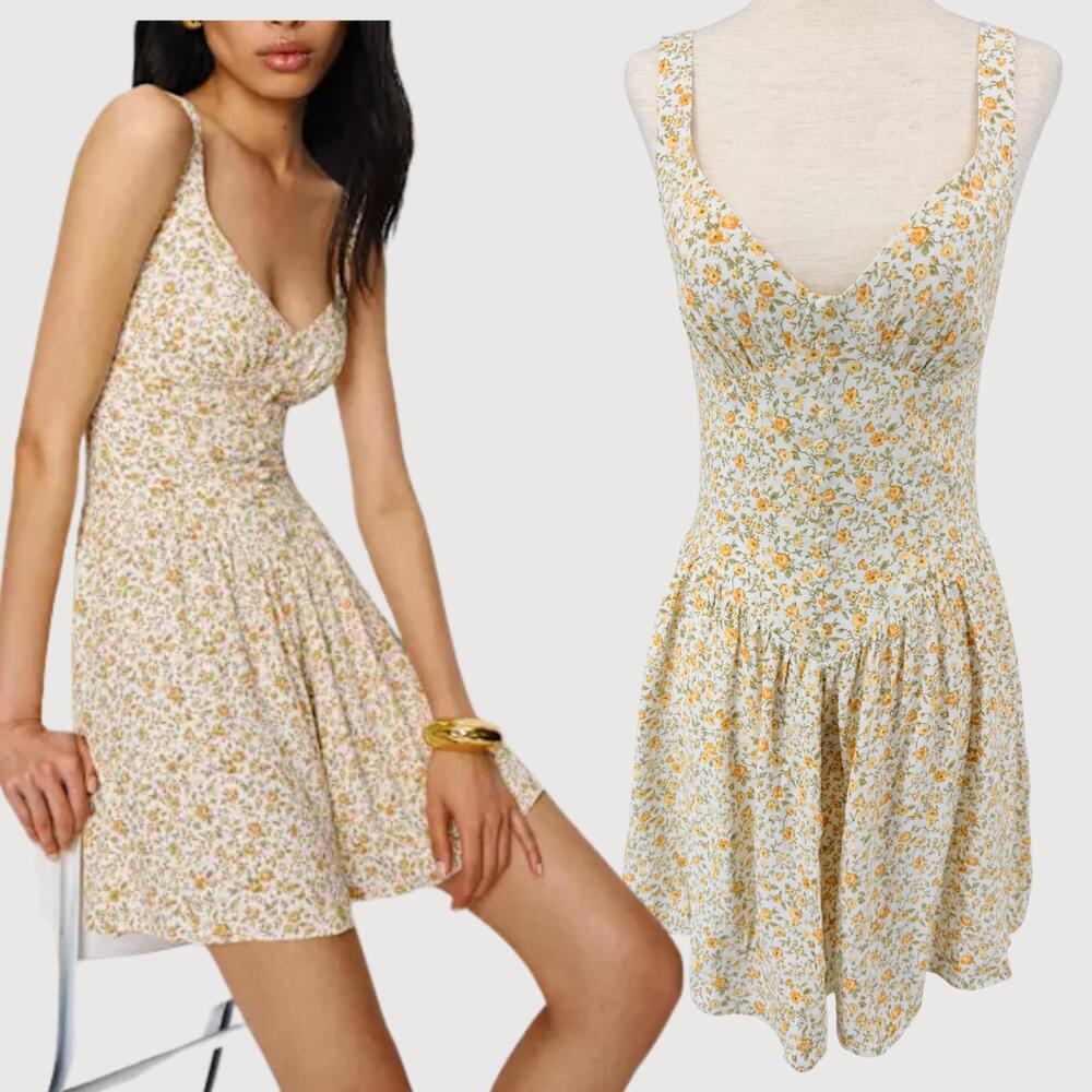 Reformation Strapless Sundress in White and Yellow Floral
